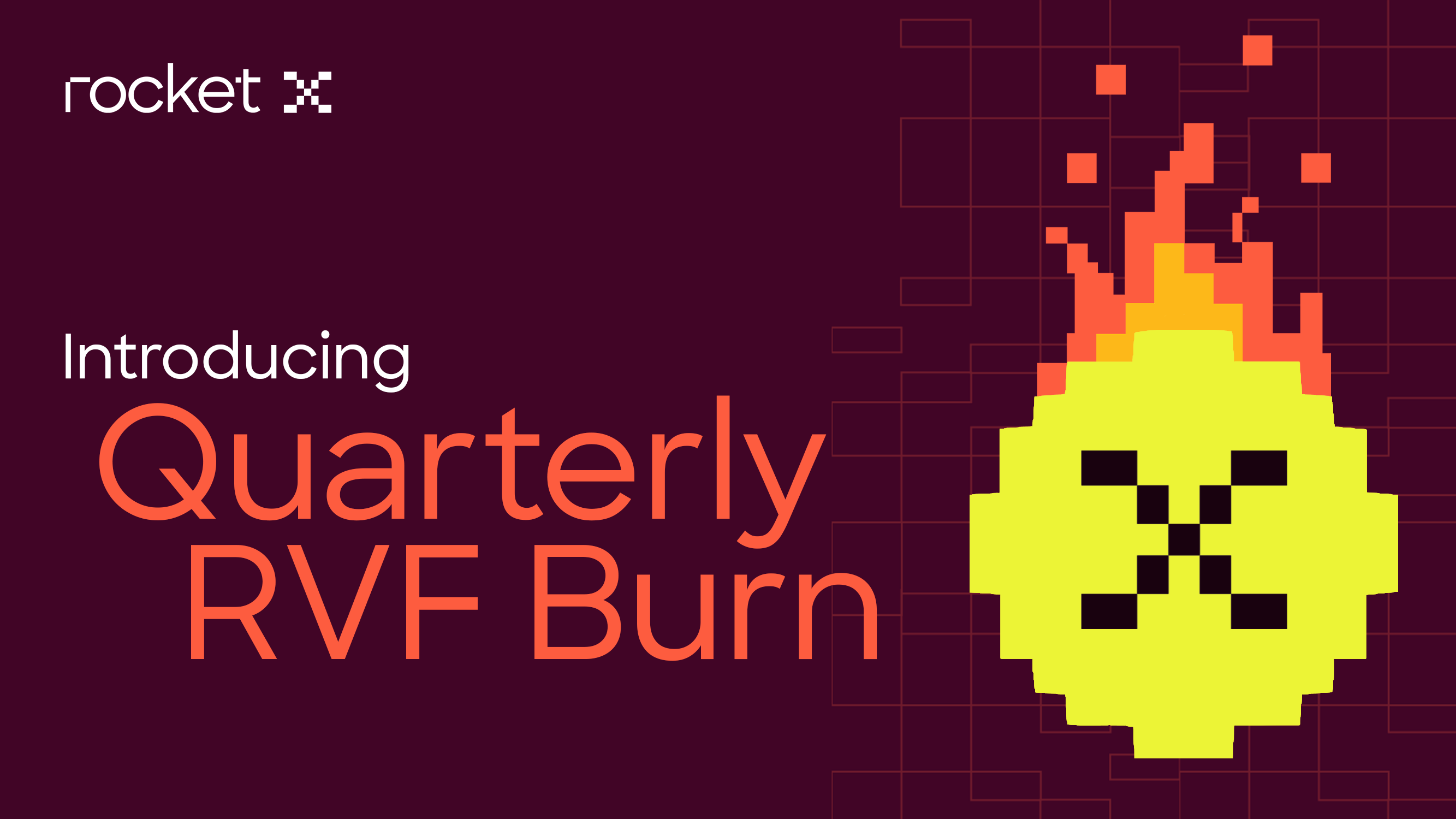 Graphic showing RocketX introducing its quarterly RVF token burn, featuring a pixel-style RVF coin on fire symbolizing reduced supply and deflationary mechanics.