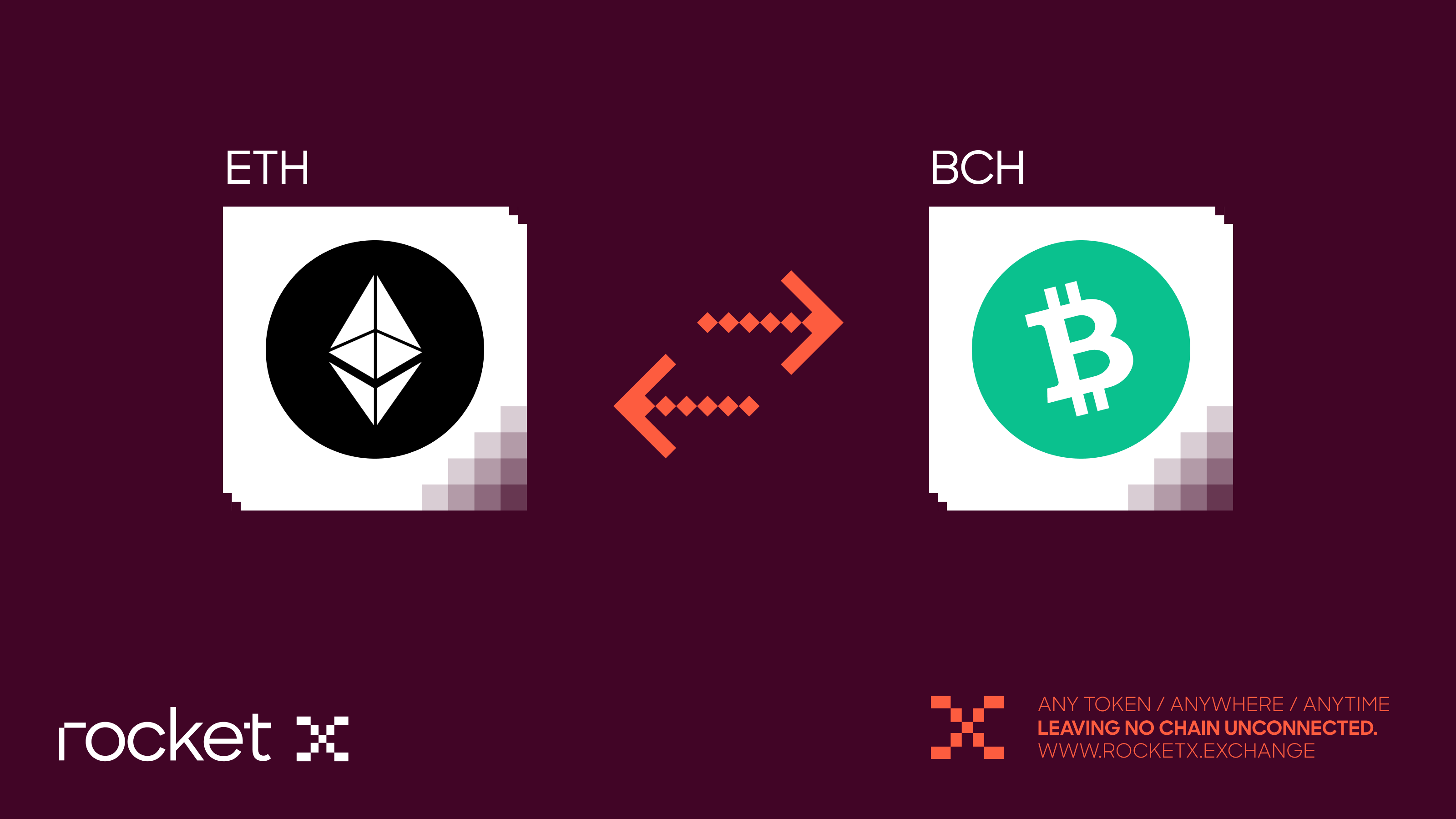 Ethereum (ETH) logo swapping to Bitcoin Cash (BCH) through RocketX Exchange, showing a fast cross-chain transfer concept with bidirectional arrows and the RocketX brand.