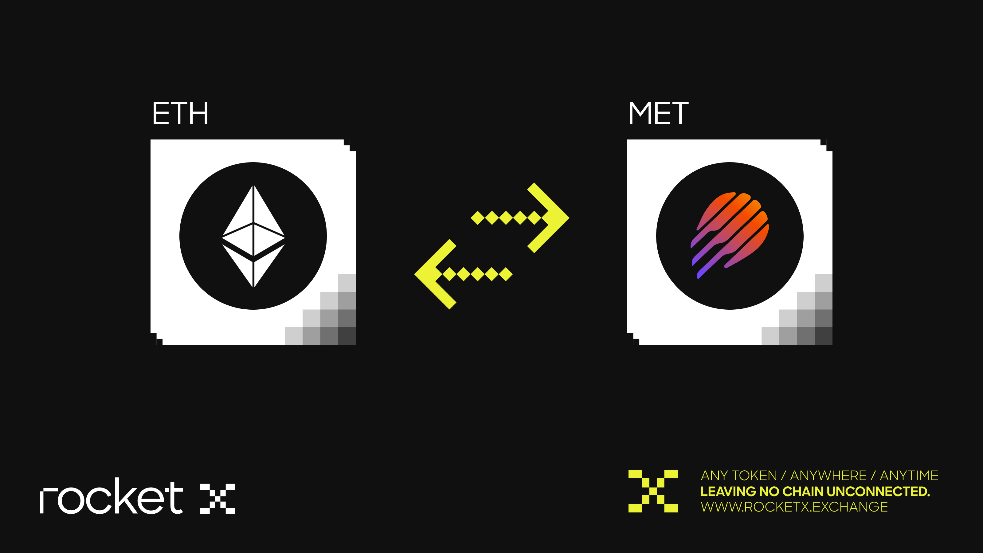 Image showing Ethereum being swapped to MET Meteora token through RocketX Exchange, highlighting an easy cross-chain conversion process.
