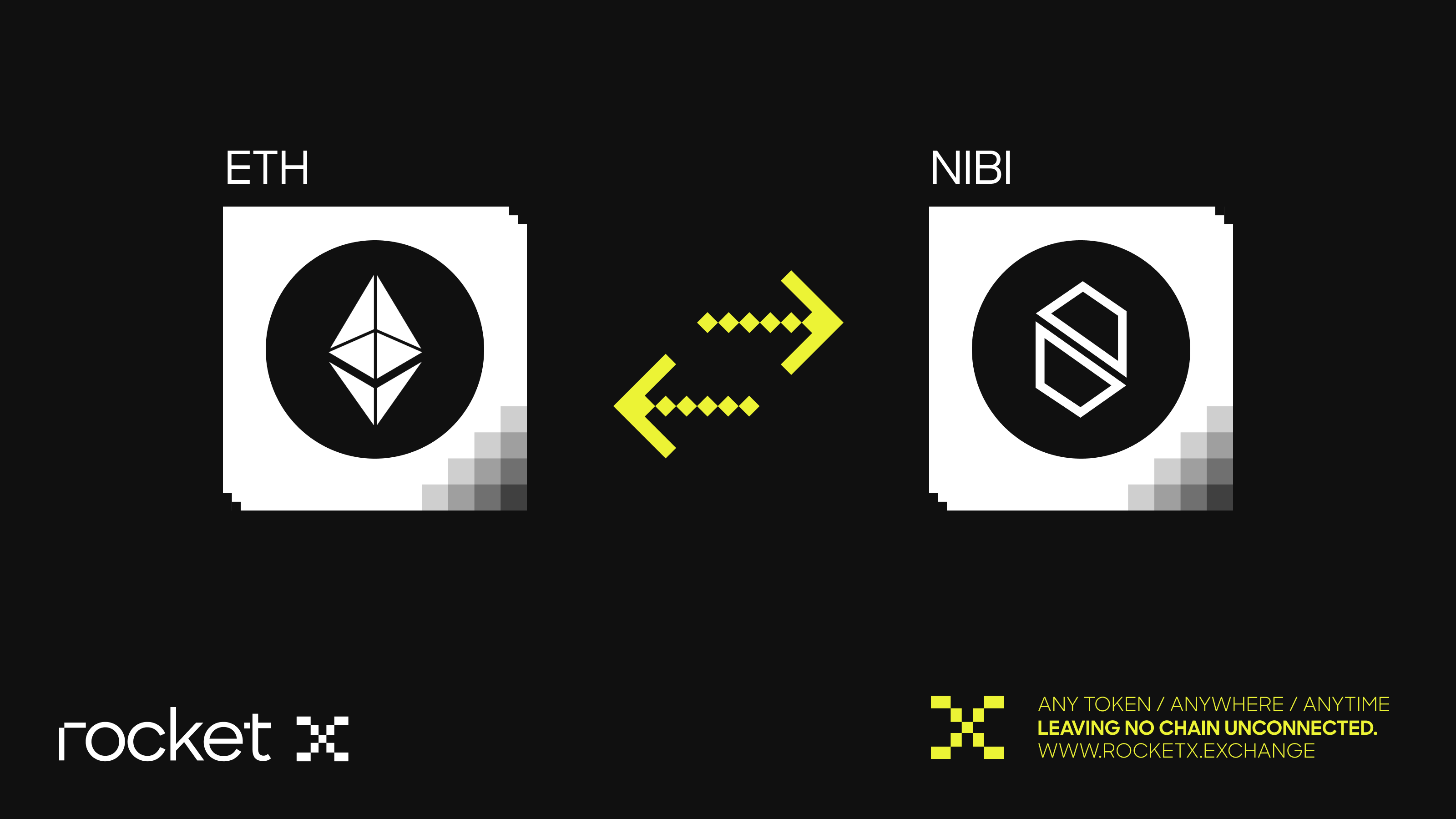 Visual showing ETH being swapped to the NIBI token on the Nibiru Chain through RocketX Exchange