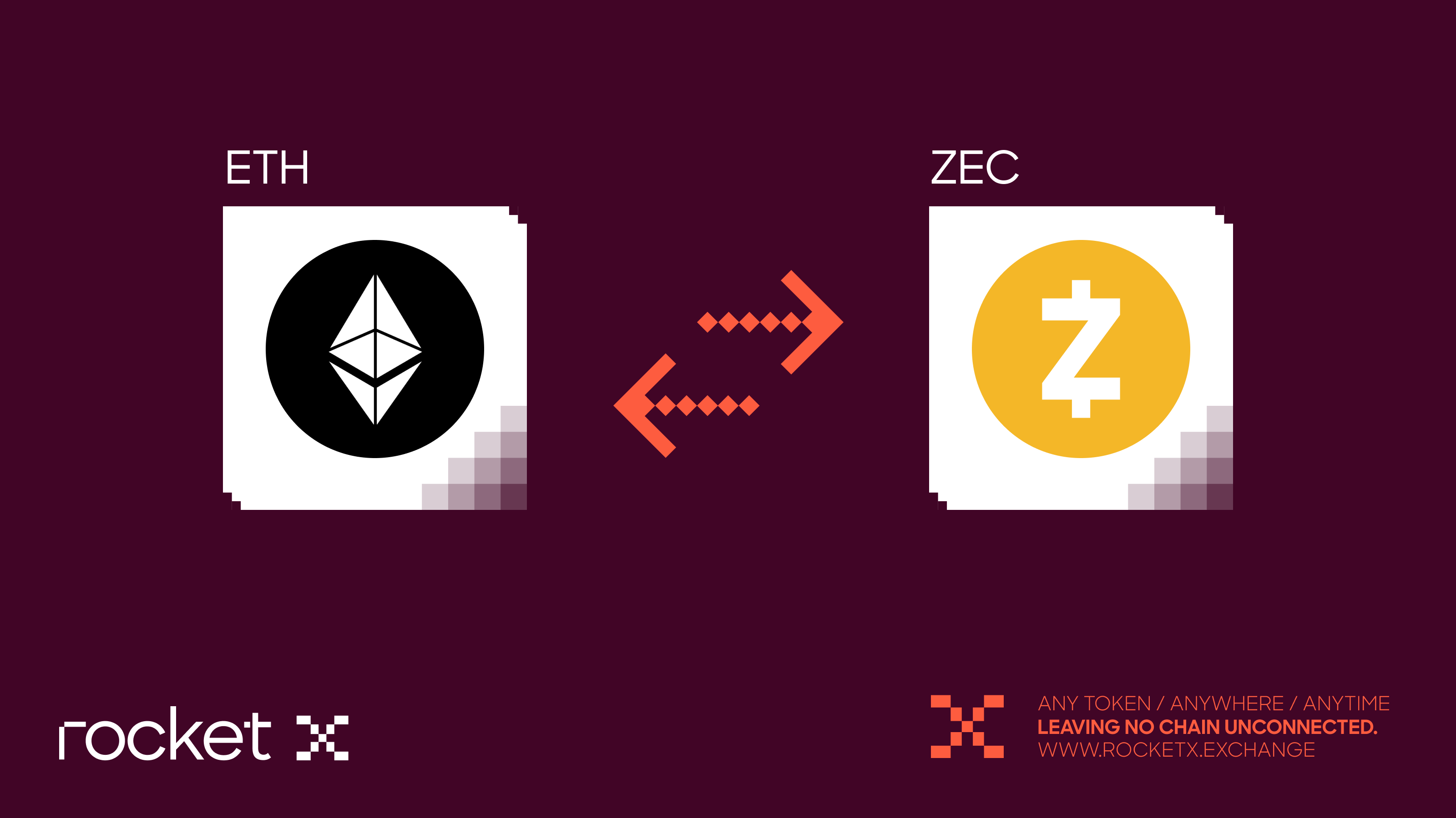 Illustration showing a cross-chain swap from Ethereum (ETH) to Zcash (ZEC) using RocketX Exchange with bidirectional arrows representing seamless token bridging.