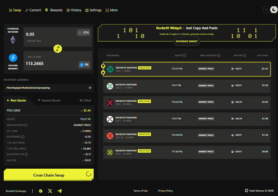 Screenshot of the RocketX Exchange dashboard showing a cross chain swap from Ethereum to Filecoin with best route price options and FIL received estimates.