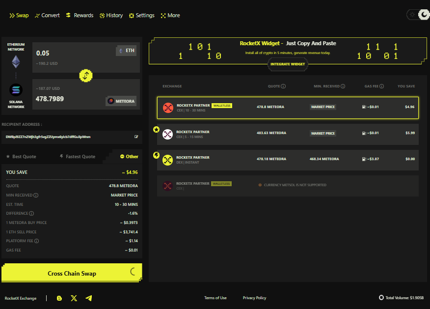 Screenshot of RocketX Exchange interface showing a cross-chain swap converting ETH into MET Meteora token on Solana with best route quote options.