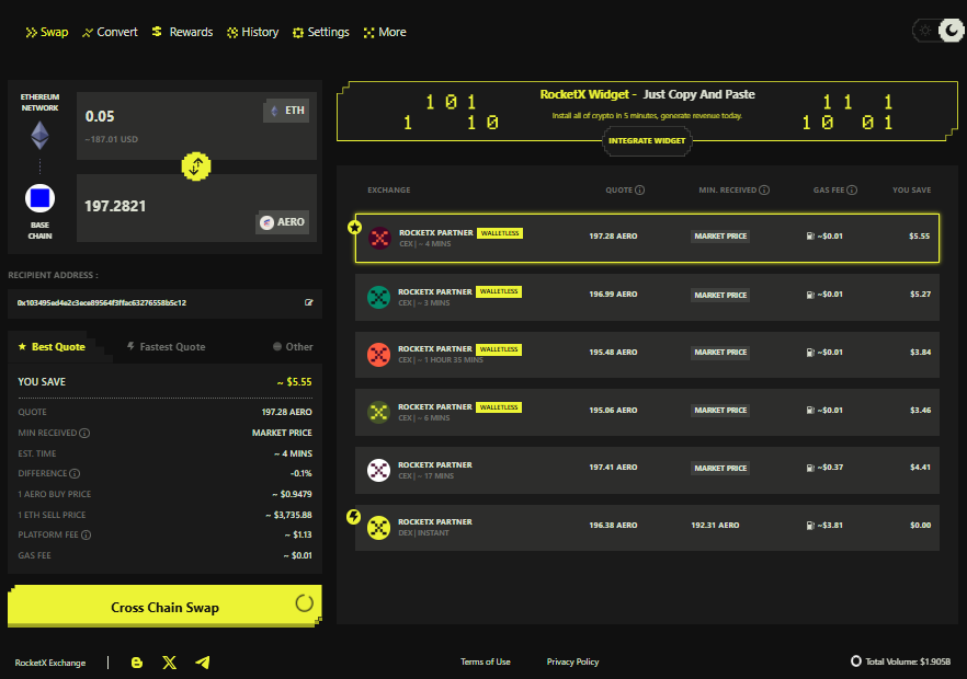 A RocketX Exchange interface showing a cross chain swap from Ethereum to the Base network to buy AERO tokens for Aerodrome Finance with best route selection and partner liquidity options.