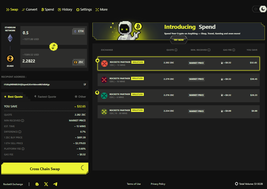 Screenshot of RocketX Exchange showing a cross-chain swap from Ethereum (ETH) to Zcash (ZEC), including real-time quotes, walletless options, estimated swap time, gas fees, and best route selection.