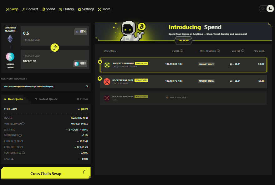 Screenshot of the RocketX Exchange interface showing a cross-chain swap from Ethereum (ETH) to NIBI on the Nibiru Chain, including price quote, route selection, and gas fee details.