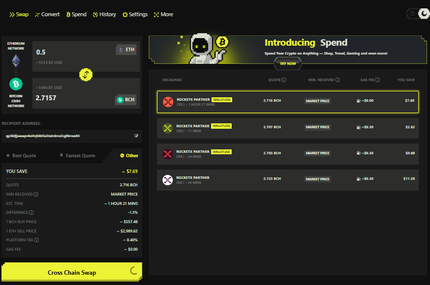 Screenshot of the RocketX Exchange interface showing a cross-chain swap from Ethereum (ETH) to Bitcoin Cash (BCH), including real-time quotes from multiple liquidity partners, estimated fees, saving comparison, and a highlighted option offering the best market rate.