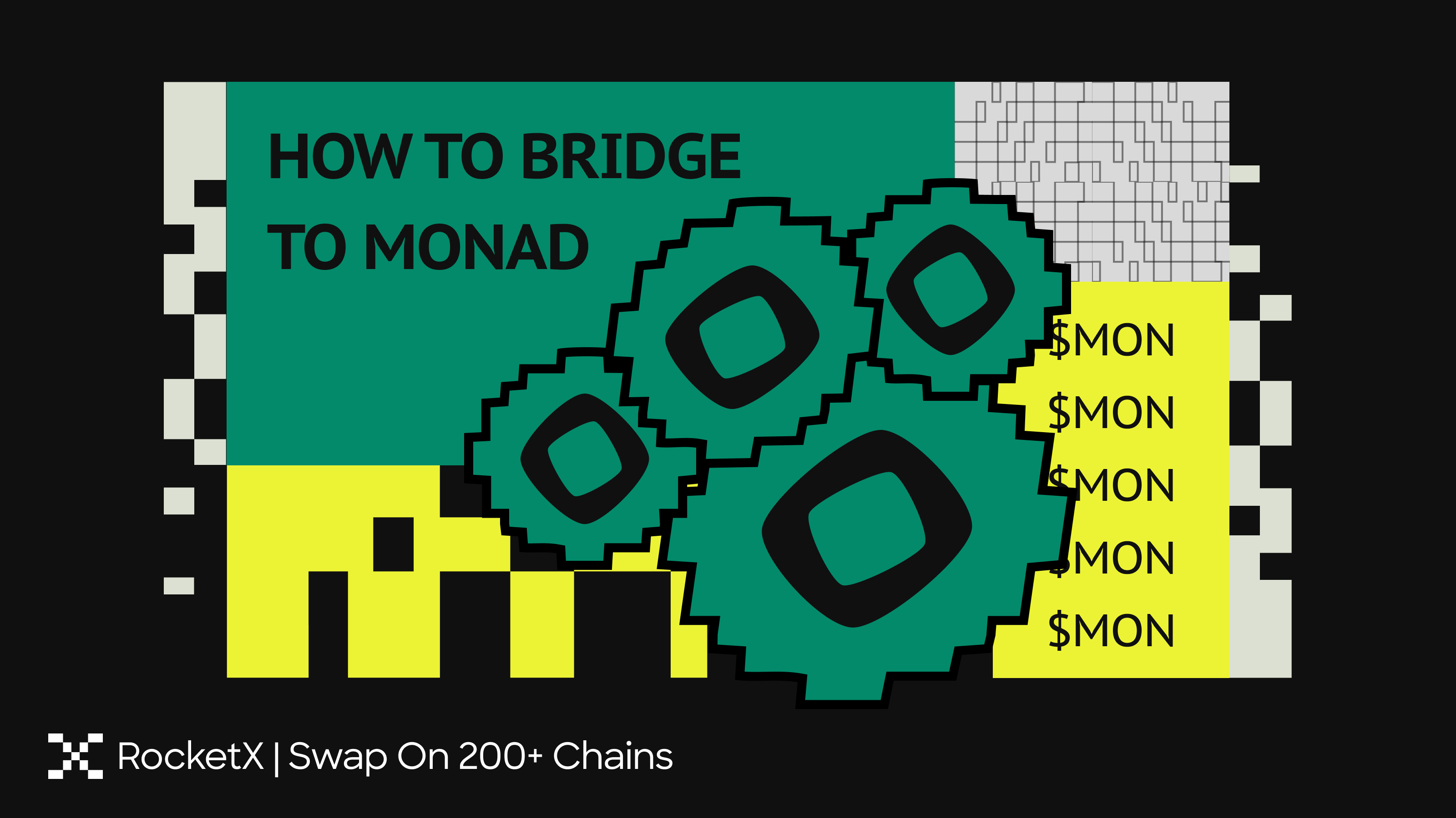Illustration showing how to bridge to Monad Network and receive MON tokens using RocketX
