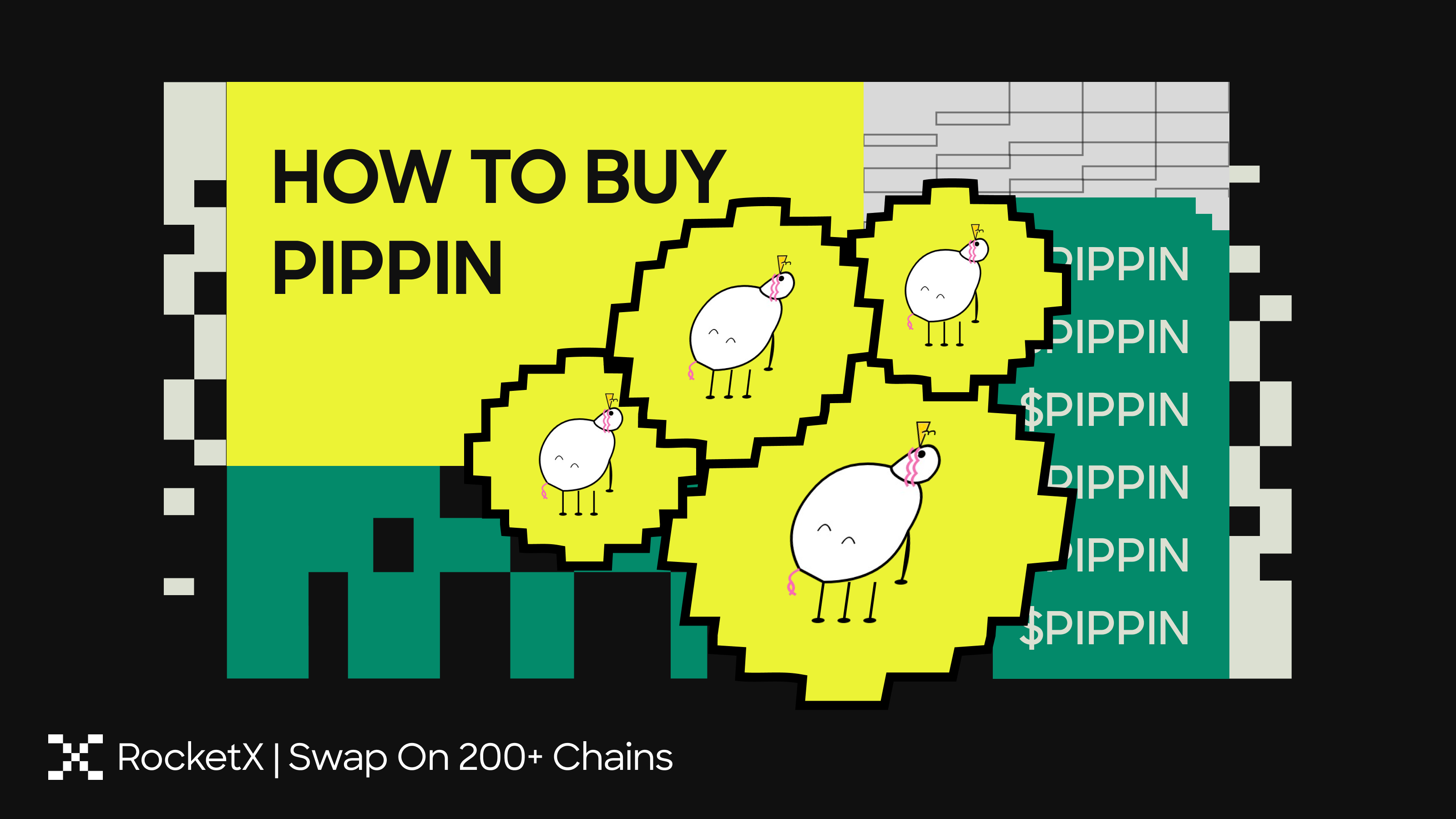 Illustration showing multiple PIPPIN meme-style unicorn coins with the text “How to Buy PIPPIN” and the RocketX branding, highlighting cross-chain swaps across 200+ networks.