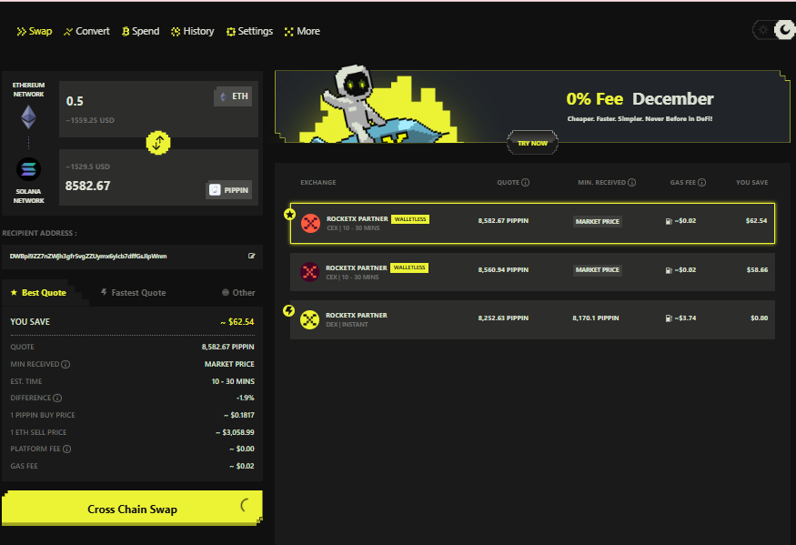 Screenshot of the RocketX Exchange interface showing a cross-chain swap from Ethereum (ETH) to Solana’s PIPPIN token, including quoted rates, partner liquidity sources, estimated time, gas fee savings, and the “Cross Chain Swap” button.