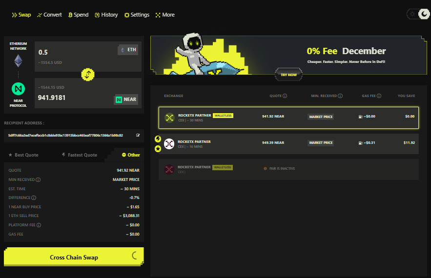 RocketX Exchange interface showing a cross-chain swap from Ethereum (ETH) to NEAR tokens with best price routing and non-custodial execution.