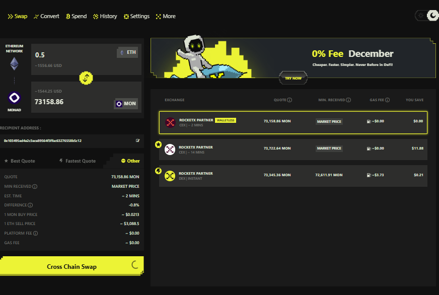 RocketX interface showing a cross-chain bridge from Ethereum (ETH) to Monad (MON) with walletless routing and best price comparison.