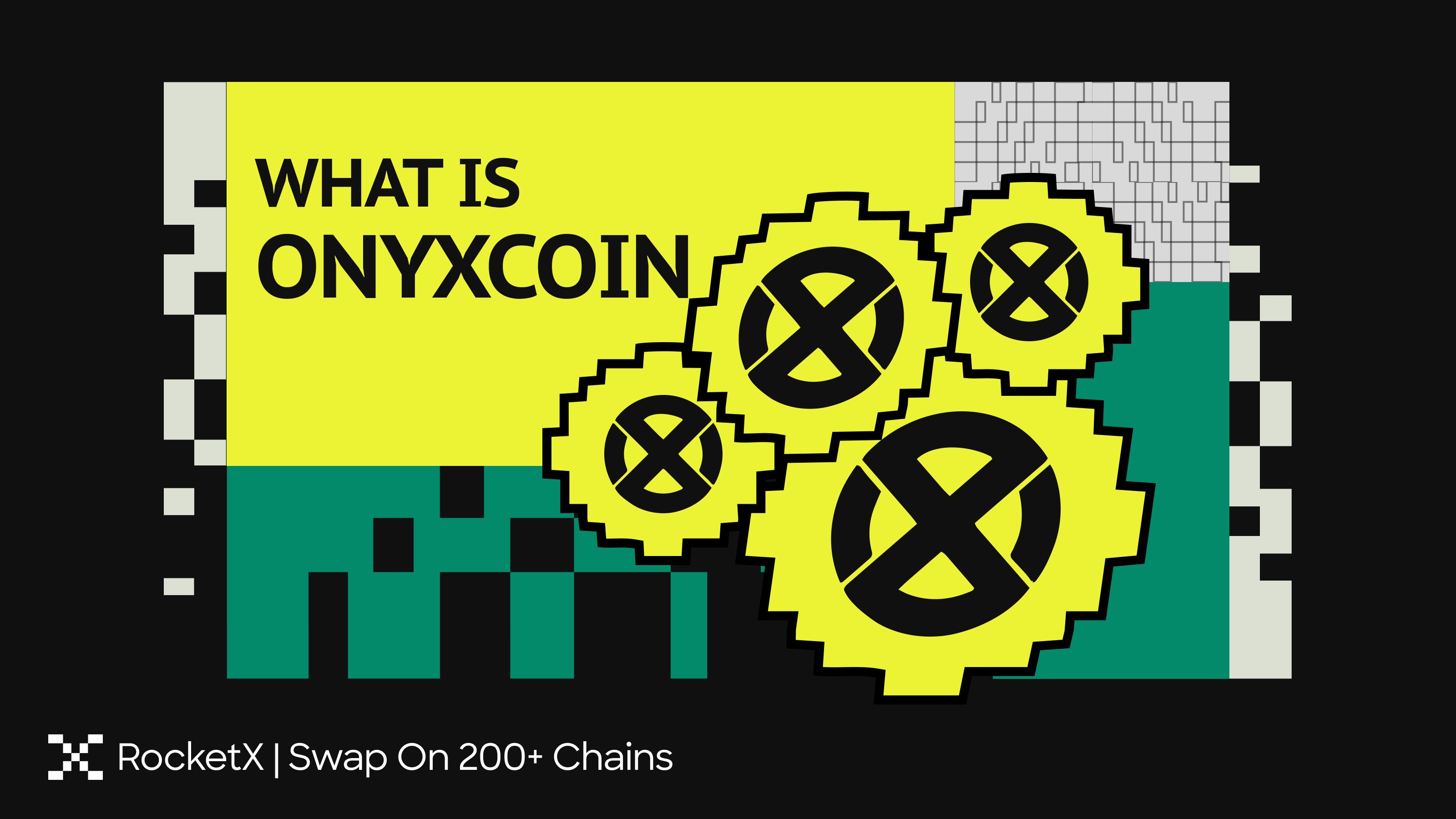 What is OnyxCoin guide featuring XCN logo gears on yellow and teal pixel art background with RocketX Exchange branding for 200+ blockchain swaps