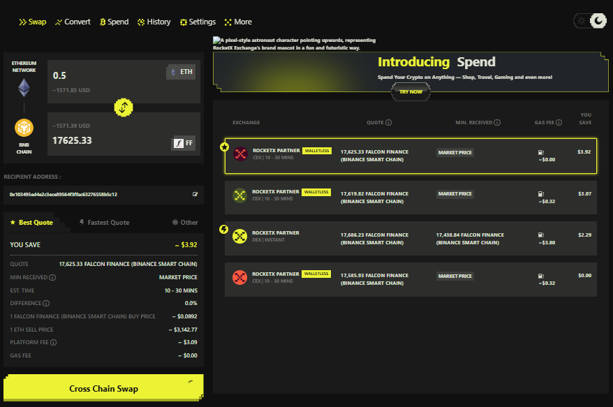 RocketX Exchange swap interface showing ETH to Falcon Finance FF token conversion with best price comparison across multiple routes