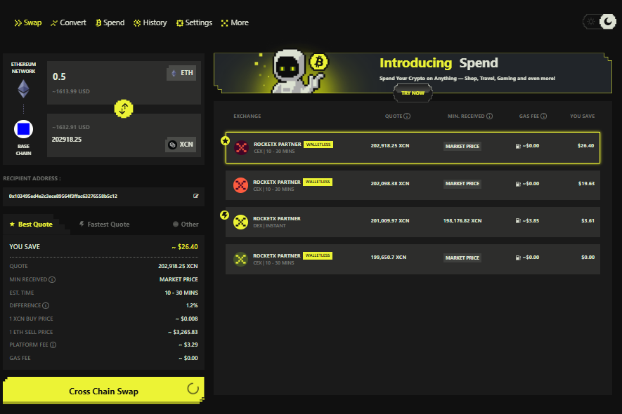 Screenshot of RocketX aggregator displaying ETH to OnyxCoin XCN cross-chain swap on Base network with verified partner routes and real-time pricing