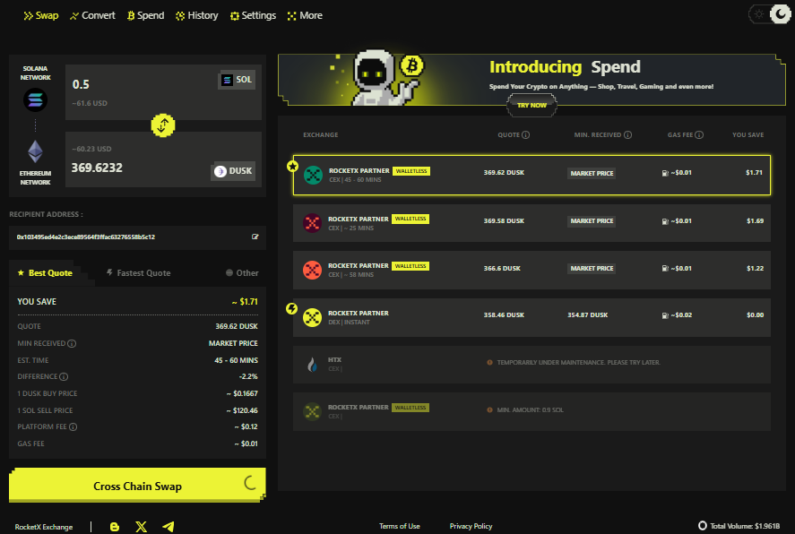 Screenshot of RocketX aggregator displaying Solana to DUSK cross-chain swap with verified partner routes showing real-time pricing and fee breakdown