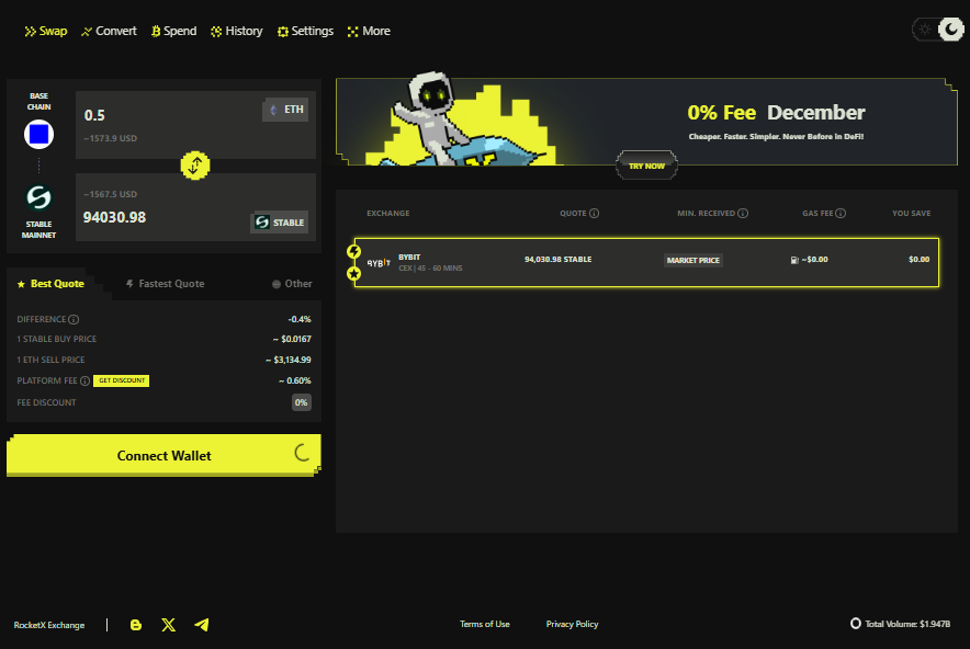 RocketX interface showing a swap from Base Chain ETH to Stable Mainnet using cross-chain routing
