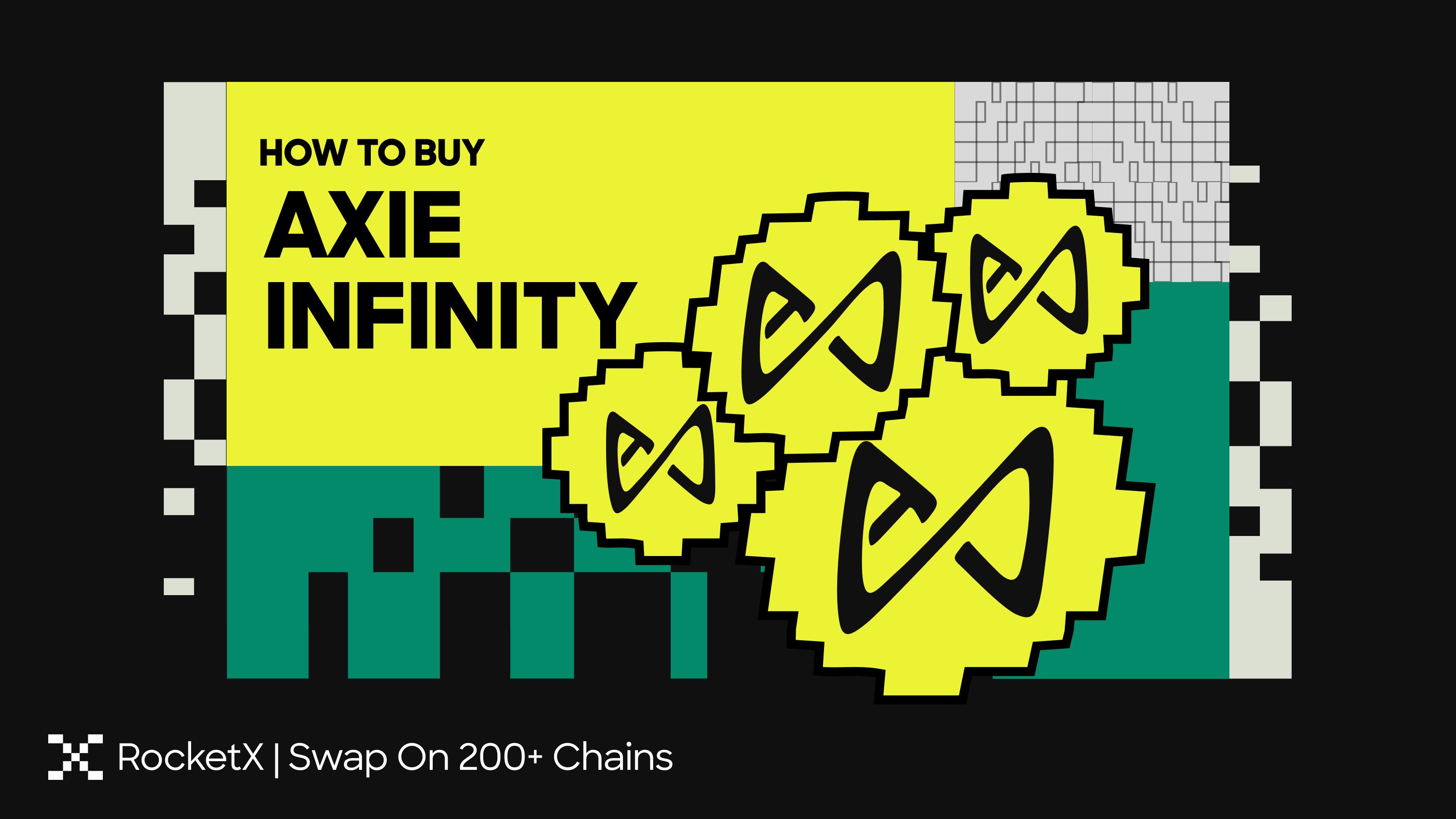 Axie Infinity (AXS) buy guide graphic showing token icons and cross-chain swap on RocketX Exchange