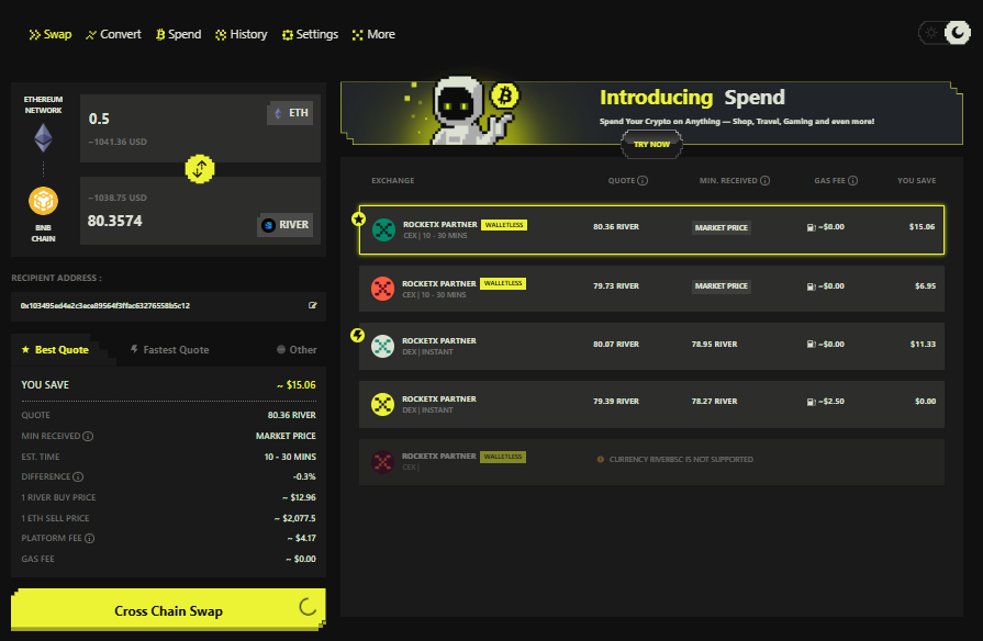 RocketX interface showing ETH to River coin cross-chain swap, best quote selection, partner exchanges, and estimated received tokens