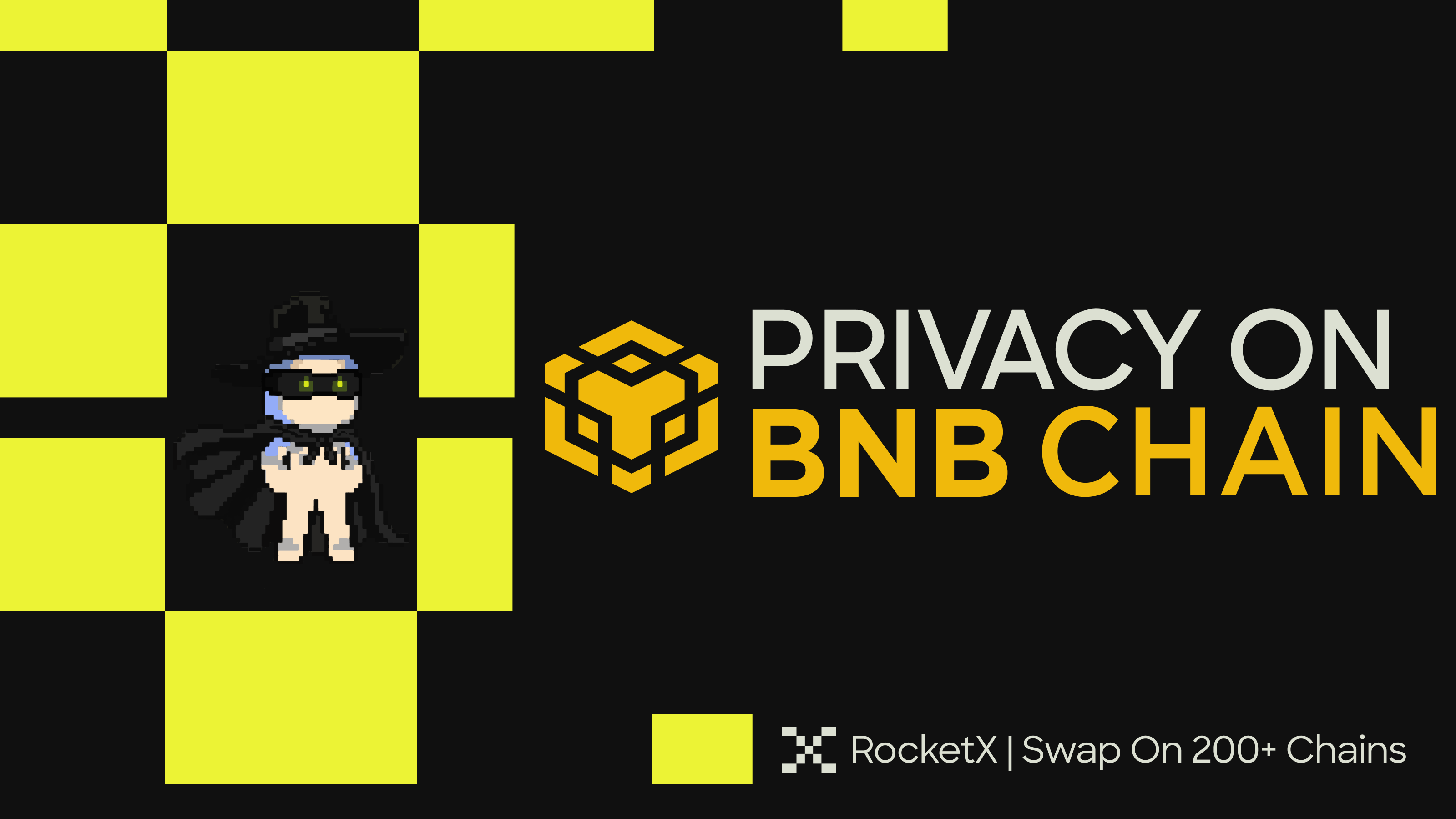 Illustration showing privacy on BNB Chain with a masked character and RocketX logo representing secure and private crypto swaps across multiple blockchains.