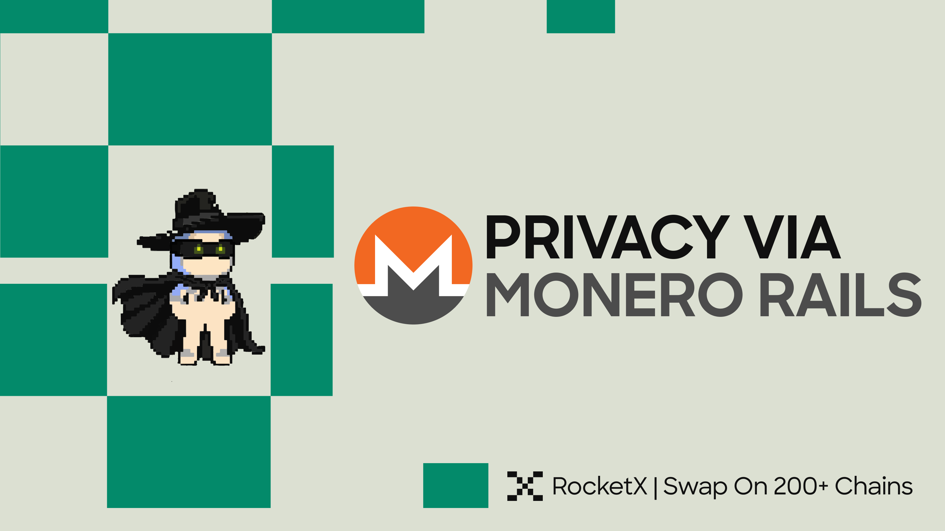 Illustration showing Monero privacy rails concept with RocketX branding, highlighting anonymous cross-chain crypto swaps