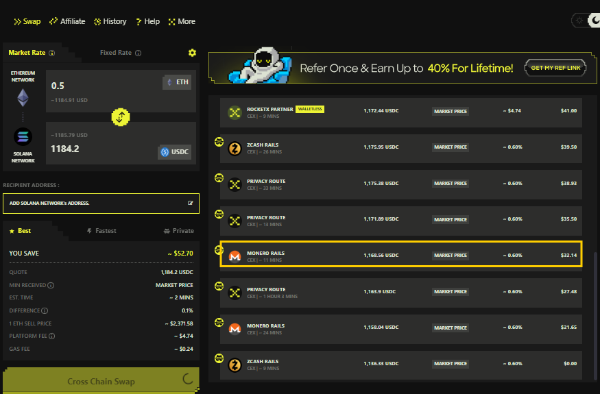 RocketX swap interface displaying Monero Rails and privacy routes for secure cross-chain crypto transactions with market rates and fees