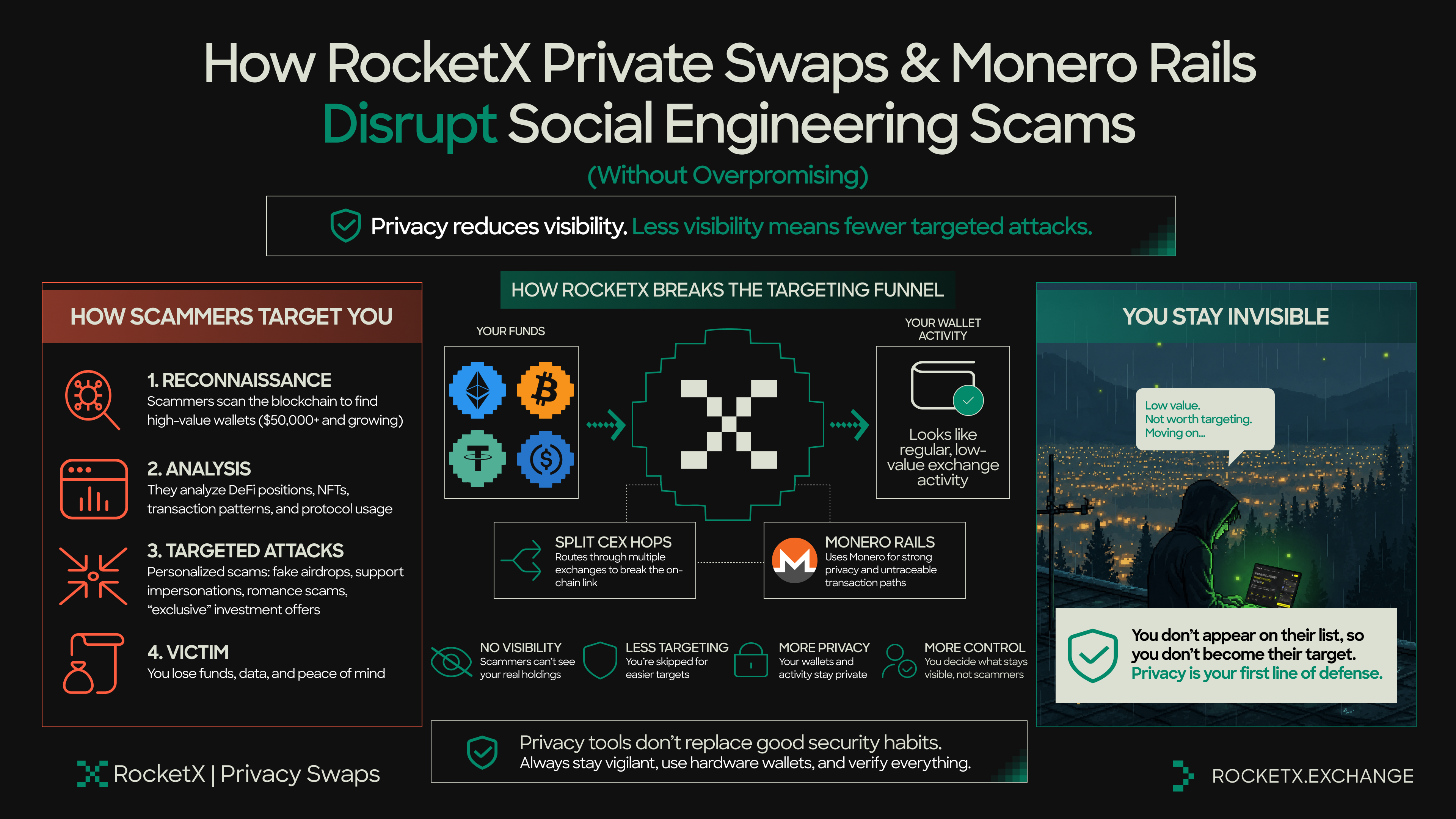 Infographic explaining how RocketX Private Swaps and Monero Rails reduce blockchain visibility and help disrupt targeted crypto social engineering scams.