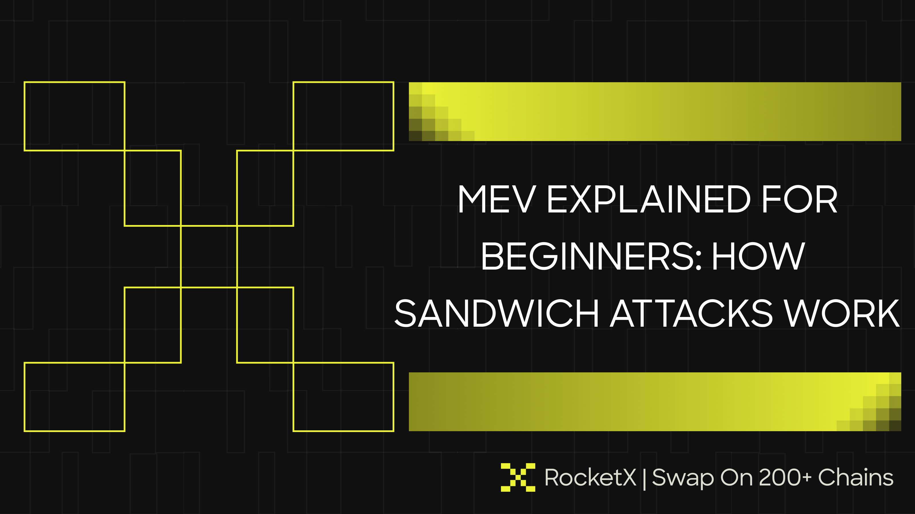 Educational graphic explaining MEV and sandwich attacks in DeFi trading, featuring a dark-themed design with RocketX branding.