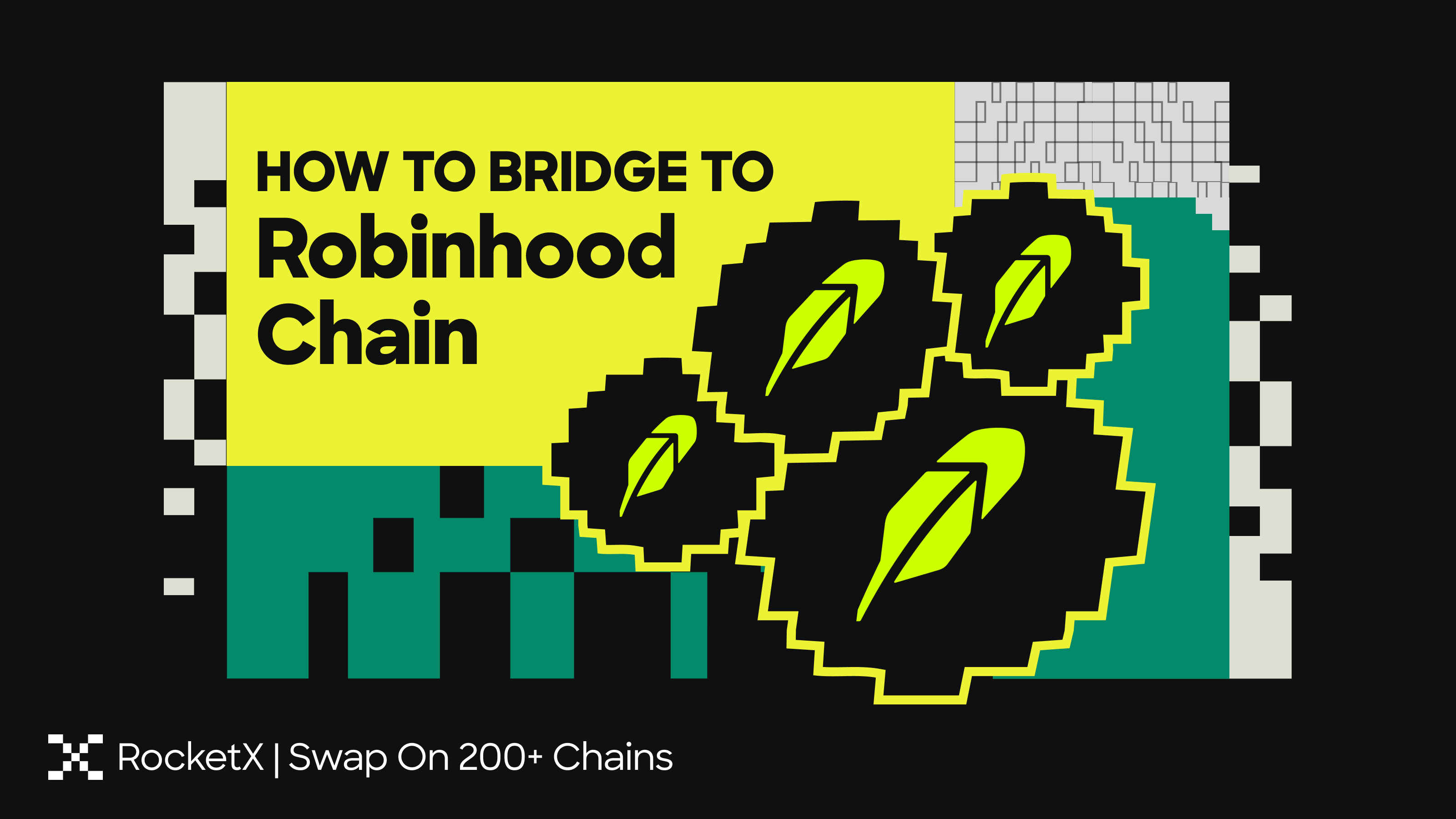 Illustration showing how to bridge Bitcoin, Ethereum, Solana, USDC, and other cryptocurrencies to Robinhood Chain using RocketX's cross-chain swap aggregator across 200+ blockchains.