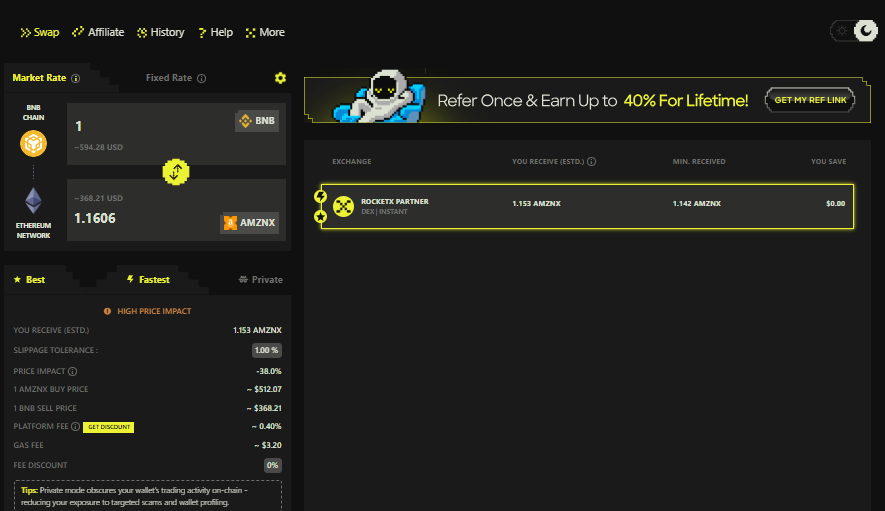 RocketX interface showing a BNB to AMZNX tokenized stock swap quote