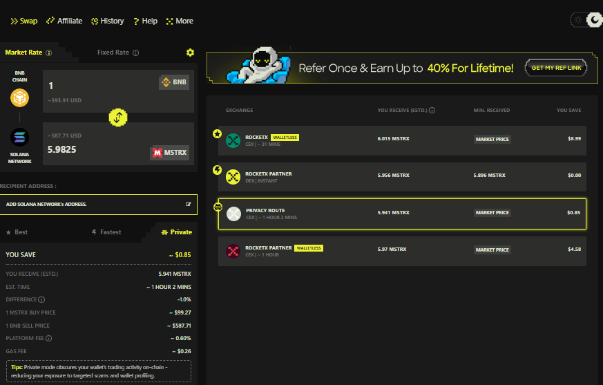 RocketX interface showing a BNB to MSTRX tokenized stock swap in private mode