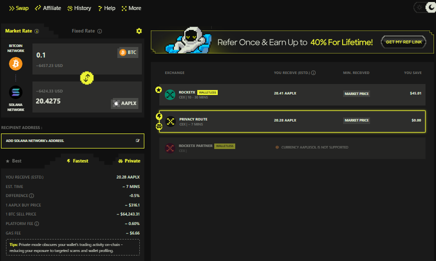 RocketX interface showing a BTC to AAPLX tokenized stock swap on private mode