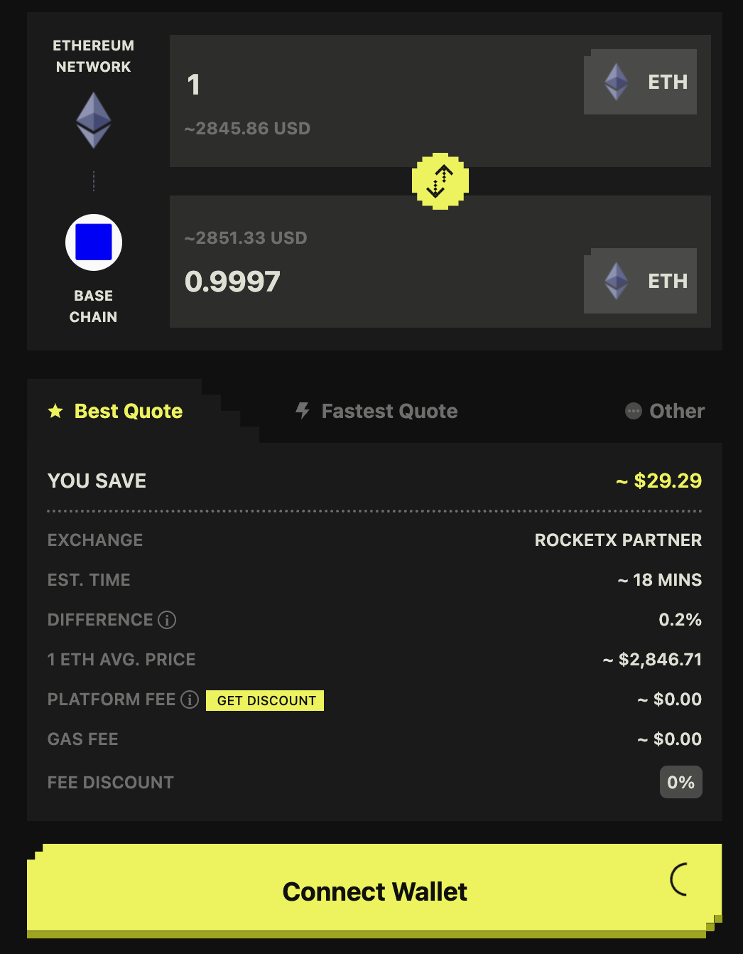Crypto Swap Interface - RocketX Exchange RocketX Exchange swap interface showing 1 ETH to 0.043 BTC conversion across Ethereum and Bitcoin networks, with wallet connect option and platform fee details.